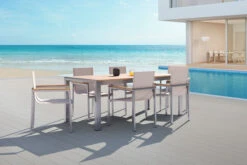 OUTFLEXX Set, Taupe, Edelstahl/Teak, Esstisch 200 X 90 Cm, 6 Stapelstühle