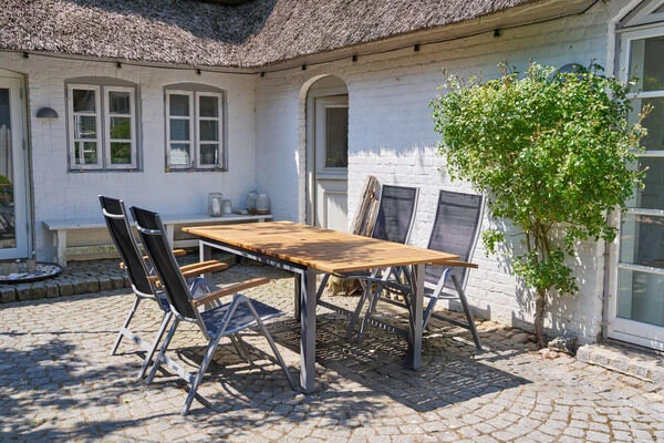 VILLANA Esstischgarnitur, Silber/schwarz, Alu / FSC-Akazienholz, Ausziehtisch 150/200 Cm, 4 Multipositionssessel 4 VILLANA Esstischgarnitur, Silber/schwarz, Alu / FSC-Akazienholz, Ausziehtisch 150/200 Cm, 4 Multipositionssessel – Bild 2