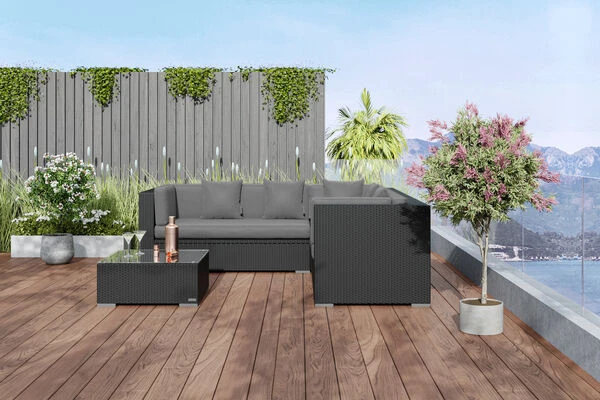 OUTFLEXX Loungemöbel-Set, Schwarz, Polyrattan, 6 Personen, Wasserfeste Kissenbox 4 OUTFLEXX Loungemöbel-Set, Schwarz, Polyrattan, 6 Personen, Wasserfeste Kissenbox – Bild 2