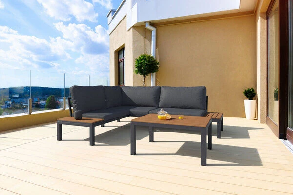 VILLANA Eck-Loungegruppe, Anthrazit/grau Meliert, Alu/Holzimitat/Polyester, 5 Personen, Inkl. Kissen 4 VILLANA Eck-Loungegruppe, Anthrazit/grau Meliert, Alu/Holzimitat/Polyester, 5 Personen, Inkl. Kissen – Bild 2