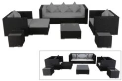 OUTFLEXX Loungemöbel-Set, Schwarz, Polyrattan, Für 6 Personen, Inkl. Kaffeetisch, Wasserfeste Kissenbox