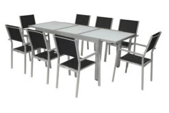 VILLANA Esstischgarnitur, Silber/schwarz, Alu/Textil, Tisch 160/220 Cm, 8 Stapelstühle