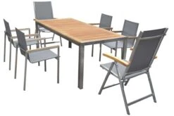 OUTFLEXX Set, Silber, Edelstahl/Teak, Tisch 200 X 90 Cm, 4 Stapelstühle, 2 Multipositionssessel