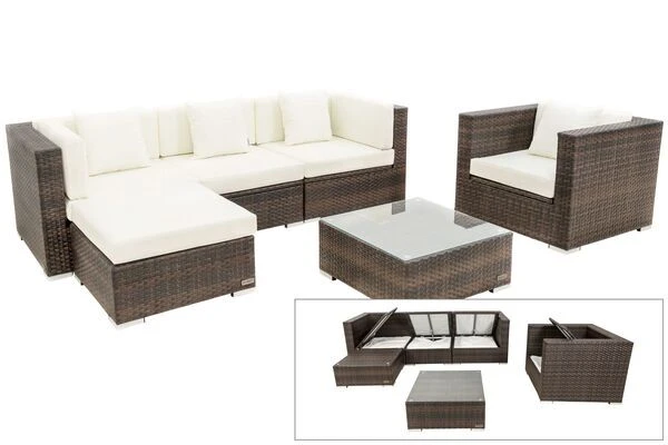 OUTFLEXX Loungemöbel-Set, Braun Marmoriert, Polyrattan, 5 Pers, Wasserfeste Kissenbox, Inkl. Beistelltisch 3 OUTFLEXX Loungemöbel-Set, Braun Marmoriert, Polyrattan, 5 Pers, Wasserfeste Kissenbox, Inkl. Beistelltisch