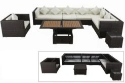 OUTFLEXX Loungemöbel-Set, Braun Marmoriert, Polyrattan, 8 Pers, Wasserfeste Kissenbox, Inkl. Loungetisch