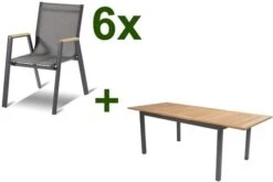 HARTMAN Aruba Esstischgruppe, Xerix/natur, Alu/FSC-Teak, 6 Stapelsessel, 150/210x90cm