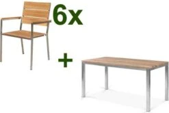 OUTFLEXX Esstischgarnitur, Edelstahl / FSC-Teakholz, Tisch 150 X 80 Cm, 6 Stapelsessel