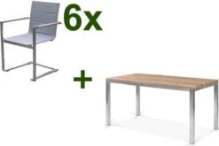 OUTFLEXX Esstischgarnitur, Edelstahl / FSC-Teak, Tisch 150x80cm, 6 Freischwinger Padded, Silber