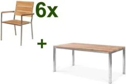 OUTFLEXX Esstischgarnitur, Edelstahl / FSC-Teak, Tisch 180 X 90 Cm, 6 Stapelsessel