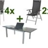 DOPPLER Expert Esstischgarnitur, Silber/schwarz, Alu/Textilene, 4 Stapelsessel, 2 Hochlehner, 150-210x90cm