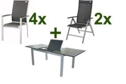 DOPPLER Expert Esstischgarnitur, Silber/schwarz, Alu/Textilene, 4 Stapelsessel, 2 Hochlehner, 150-210x90cm