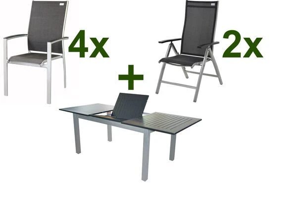 DOPPLER Expert Esstischgarnitur, Silber/schwarz, Alu/Textilene, 4 Stapelsessel, 2 Hochlehner, 150-210x90cm 3 DOPPLER Expert Esstischgarnitur, Silber/schwarz, Alu/Textilene, 4 Stapelsessel, 2 Hochlehner, 150-210x90cm