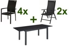 DOPPLER Expert Esstischgarnitur, Anthrazit/schwarz, Alu/Textilene, 4 Stapelsessel, 2 Hochlehner, 150-210x90cm