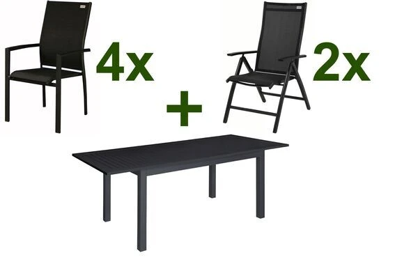 DOPPLER Expert Esstischgarnitur, Anthrazit/schwarz, Alu/Textilene, 4 Stapelsessel, 2 Hochlehner, 150-210x90cm 3 DOPPLER Expert Esstischgarnitur, Anthrazit/schwarz, Alu/Textilene, 4 Stapelsessel, 2 Hochlehner, 150-210x90cm