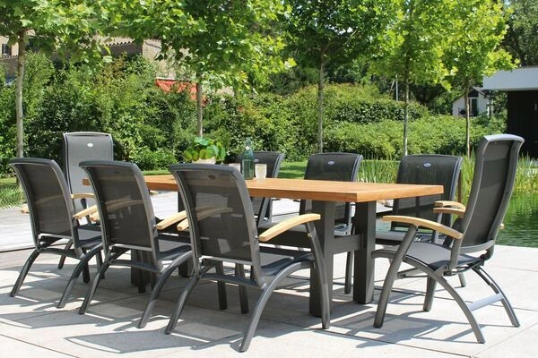 HARTMAN Sondermodell Yasmani/Da Vinci Esstischgruppe, Xerix, Alu/Teakholz, 240x100cm, 6 Stapel-, 2 Multipositionssessel 3 HARTMAN Sondermodell Yasmani/Da Vinci Esstischgruppe, Xerix, Alu/Teakholz, 240x100cm, 6 Stapel-, 2 Multipositionssessel