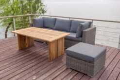OUTFLEXX Loungegarnitur, Polyrattan/Teakholz, Tisch 160x90cm, Für 4 Personen, Wasserfeste Kissenbox