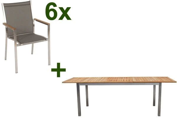 STERN Cardiff Esstischgruppe, Silber/taupe, Edelstahl/FSC-Teak, Tisch 180/240 X 100 Cm, 6 Stapelsessel 3 STERN Cardiff Esstischgruppe, Silber/taupe, Edelstahl/FSC-Teak, Tisch 180/240 X 100 Cm, 6 Stapelsessel