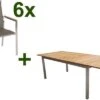 STERN Cardiff Esstischgruppe, Silber/taupe, Edelstahl/FSC-Teak, Tisch 200/300 X 100 Cm, 6 Stapelsessel
