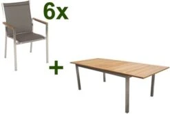 STERN Cardiff Esstischgruppe, Silber/taupe, Edelstahl/FSC-Teak, Tisch 200/300 X 100 Cm, 6 Stapelsessel