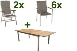 STERN Cardiff Esstischgruppe, Silber/taupe, Edelstahl/FSC-Teak, Tisch 200/300 X 100 Cm, 6 Stapel-, 2 Multipositionssessel