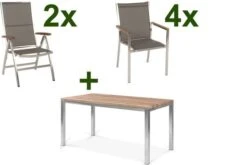STERN Cardiff Esstischgruppe, Silber/taupe, Edelstahl/Teak, Tisch 150 X 80 Cm, 4 Stapel-, 2 Multipositionssessel