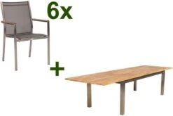 STERN Cardiff Esstischgruppe, Silber/silbergrau, Edelstahl/FSC-Teak, Tisch 220/340 X 100 Cm, 6 Stapelsessel