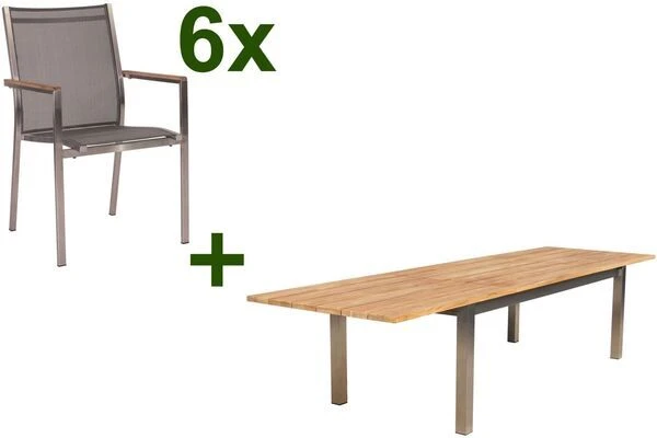 STERN Cardiff Esstischgruppe, Silber/silbergrau, Edelstahl/FSC-Teak, Tisch 220/340 X 100 Cm, 6 Stapelsessel 3 STERN Cardiff Esstischgruppe, Silber/silbergrau, Edelstahl/FSC-Teak, Tisch 220/340 X 100 Cm, 6 Stapelsessel