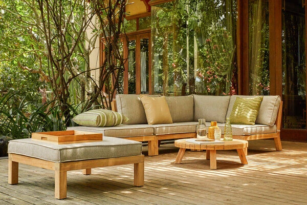 OUTFLEXX Ecklounge, Akazie, 5 Personen, Inkl. Tisch ø 80 Cm Und Polster Aus Olefin In Hellbraun 3 OUTFLEXX Ecklounge, Akazie, 5 Personen, Inkl. Tisch ø 80 Cm Und Polster Aus Olefin In Hellbraun