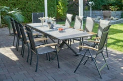 HARTMAN Sondermodell Xanadu / Alice Esstischgarnitur, Xerix/schwarz, Alu/Glaskeramik, 4x4 Textilen, 8 Stapelsessel, 2 Multipos, 220/280x100cm