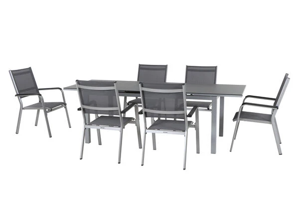 KETTLER Friends Esstischgarnitur, Silber/anthrazit, Alu/Textilene, Tisch 180/240 X 90 Cm, 6 Stapelsessel 3 KETTLER Friends Esstischgarnitur, Silber/anthrazit, Alu/Textilene, Tisch 180/240 X 90 Cm, 6 Stapelsessel