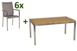 STERN Cardiff Esstischgarnitur, Silber/silbergrau, Edelstahl/Textilen/FSC-Teak, 162/220 X 90 Cm, Butterfly-Auszug, 6 Stapelsessel