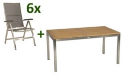 STERN Cardiff Esstischgarnitur, Silber/silbergrau, Edelstahl/Textilen/FSC-Teakholz/Alu, 162/220 X 90 Cm, 6 Multipos, Butterfly-Auszug