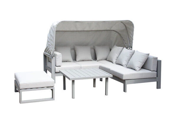 OUTFLEXX Willis Loungemöbel, Hellgrau, Alu/Polyester, 4-5 Personen, Mit Faltbarem Dach, Inkl. Loungetisch Und Hocker 4 OUTFLEXX Willis Loungemöbel, Hellgrau, Alu/Polyester, 4-5 Personen, Mit Faltbarem Dach, Inkl. Loungetisch Und Hocker – Bild 2