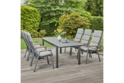 SIENA GARDEN Savona/Miros Esstischgarnitur, Matt Graphit/grau, Alu/Teak/Spraystone/Texfabric, Tisch 180/240x90 Cm, 6 Stapelsessel