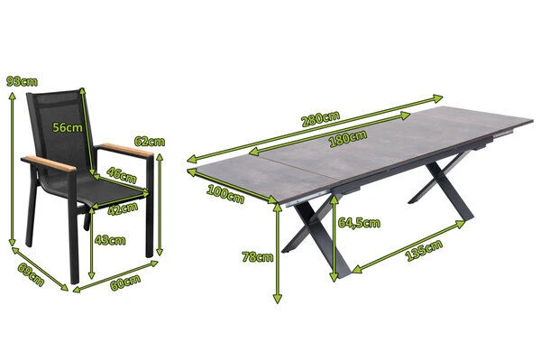 OUTFLEXX Esstischgarnitur, OUTFLEXX® Anthrazit Matt, Alu /HPL / Teak, Tisch 180/280x100cm, 10 Stapelsessel 7 OUTFLEXX Esstischgarnitur, OUTFLEXX® Anthrazit Matt, Alu /HPL / Teak, Tisch 180/280x100cm, 10 Stapelsessel – Bild 5