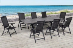 OUTFLEXX Esstischgarnitur, OUTFLEXX® Anthrazit Matt, Alu / HPL / Textil, Tisch 180/280x100cm, 8 Multipositionssessel