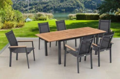 OUTFLEXX Esstischgarnitur, OUTFLEXX® Anthrazit Matt, Alu / Teak / Textil, Tisch 150/210x90cm, 6 Stapelsessel