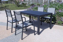 VILLANA Esstischgarnitur, Anthrazit/grau, Alu/Holzimitat/Textil, Tisch 150x90cm, 4 Stapelsessel