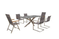 OUTFLEXX Esstischgarnitur, Silber/taupe, Edelstahl/Granit/Textil, 200x100 Cm, 4 Freischwinger, 2 Multipos, Padded, Armlehnen Aus FSC-Teak