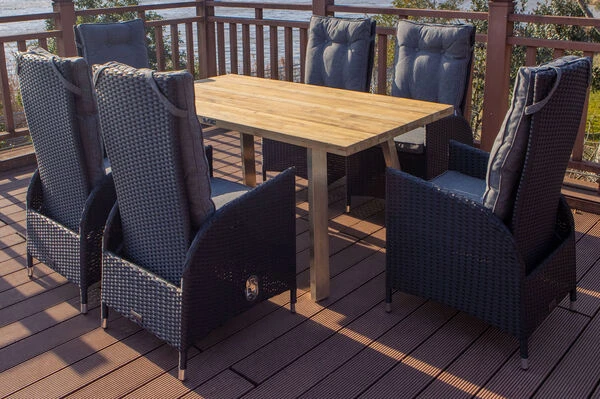 OUTFLEXX Esstischgarnitur, Edelstahl/Teakholz, Tisch 160x90cm, 6 Hochlehner, A-Gestell 3 OUTFLEXX Esstischgarnitur, Edelstahl/Teakholz, Tisch 160x90cm, 6 Hochlehner, A-Gestell