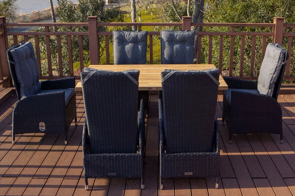 OUTFLEXX Esstischgarnitur, Edelstahl/Teakholz, Tisch 160x90cm, 6 Hochlehner, A-Gestell 4 OUTFLEXX Esstischgarnitur, Edelstahl/Teakholz, Tisch 160x90cm, 6 Hochlehner, A-Gestell – Bild 2