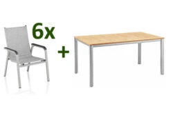 KETTLER Granada/Basic Plus Padded Sitzgruppe, Silber/hellgrau, Alu/Teak, Teaktisch 160x95 Cm,6 Stapelsessel, Gepolsterte Sitz - Und Rückenfläche
