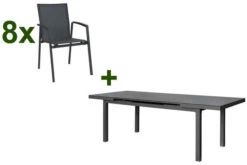 STERN New Top Esstischgarnitur, Anthrazit, Alu / Glas / Textil, Tisch 180/240x100cm, 8 Stapelsessel