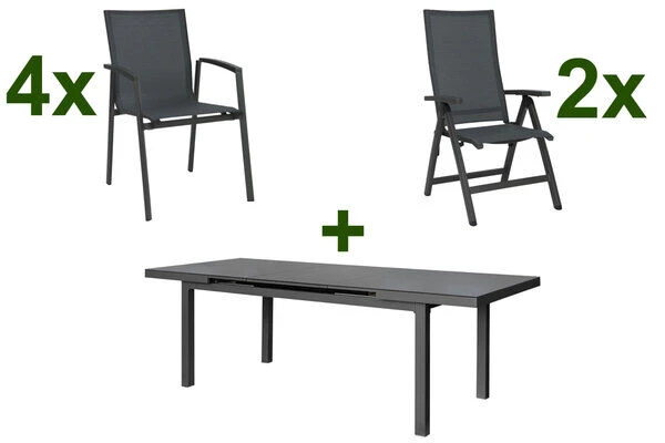 STERN New Top Esstischgarnitur, Anthrazit, Alu / Glas / Textil, Tisch 180/240x100cm, 4 Stapel-, 2 Klappsessel