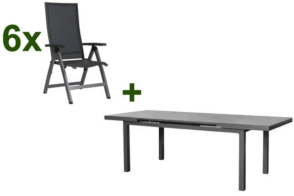 STERN New Top Esstischgarnitur, Graphit, Alu / Glas / Textil, Tisch 180/240x100cm, 6 Klappsessel 3 STERN New Top Esstischgarnitur, Graphit, Alu / Glas / Textil, Tisch 180/240x100cm, 6 Klappsessel