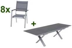 KETTLER Friends Esstischgarnitur, Silber / Anthrazit, Alu / Spraystone / Textil, Tisch 180/280x100cm, 8 Stapelsessel