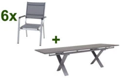 KETTLER Friends Esstischgarnitur, Silber / Anthrazit, Alu / HPL / Textil, Tisch 180/280x100cm, 6 Stapelsessel