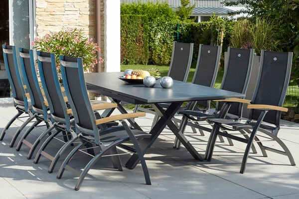 HARTMAN Sondermodell Xanadu / Primo Sitzgruppe, Xerix/natur, Alu/Teak/Glaskeramik, 8 Multipo, 220/280x100cm, X-Gestell, FSC-Teak Armlehnen 6 HARTMAN Sondermodell Xanadu / Primo Sitzgruppe, Xerix/natur, Alu/Teak/Glaskeramik, 8 Multipo, 220/280x100cm, X-Gestell, FSC-Teak Armlehnen – Bild 4