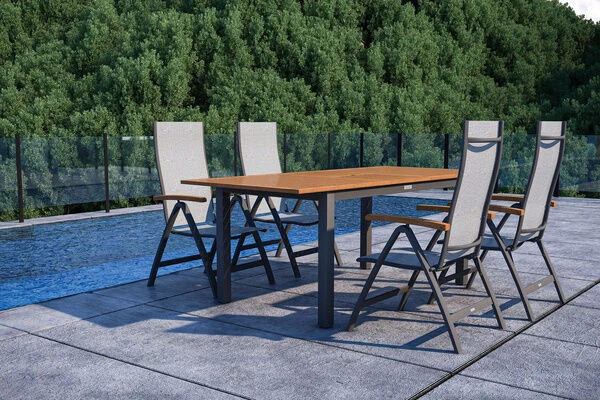 VILLANA Esstischgarnitur, Anthrazit/grau, Alu/ FSC-Akazienholz, Ausziehtisch 150/200 Cm, 4 Multipositionssessel 3 VILLANA Esstischgarnitur, Anthrazit/grau, Alu/ FSC-Akazienholz, Ausziehtisch 150/200 Cm, 4 Multipositionssessel