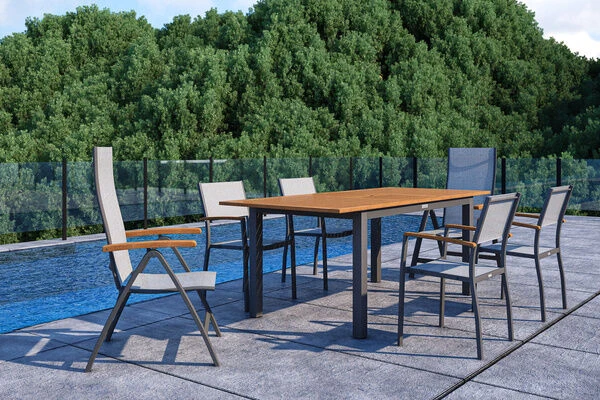 VILLANA Esstischgarnitur, Anthrazit/grau, Alu/ FSC-Akazienholz, Ausziehtisch 150/200 Cm, 4 Stapelstühle, 2 Multipositionssessel 3 VILLANA Esstischgarnitur, Anthrazit/grau, Alu/ FSC-Akazienholz, Ausziehtisch 150/200 Cm, 4 Stapelstühle, 2 Multipositionssessel